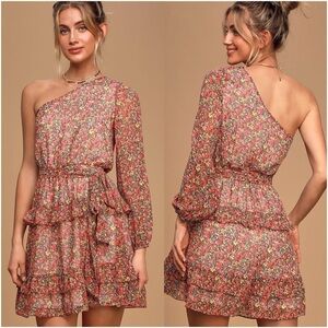 LULU’S Anew Romance Pink Floral Print One Shoulder Ruffled Mini Dress